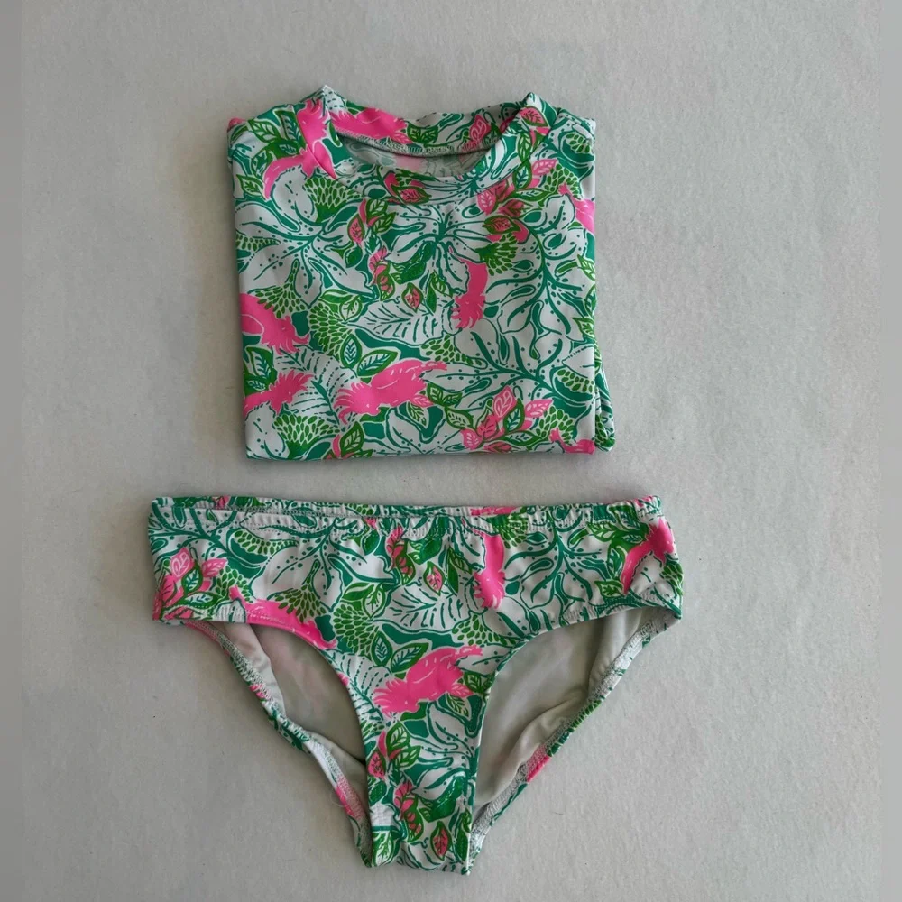 Lilly Pulitzer Girls' Long Sleeve Rash Guard Set Pink & Green Floral SZ 7 EUC - Picture 3 of 6